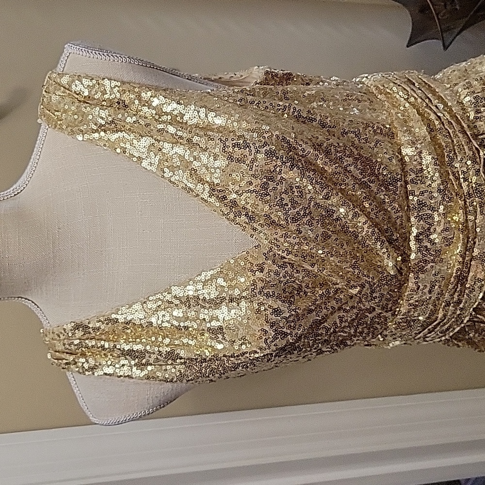 Kate Kasin gold sequin fit & flare sleeveless dress crisscross Vneck sz 12 EUC… - Picture 3 of 9